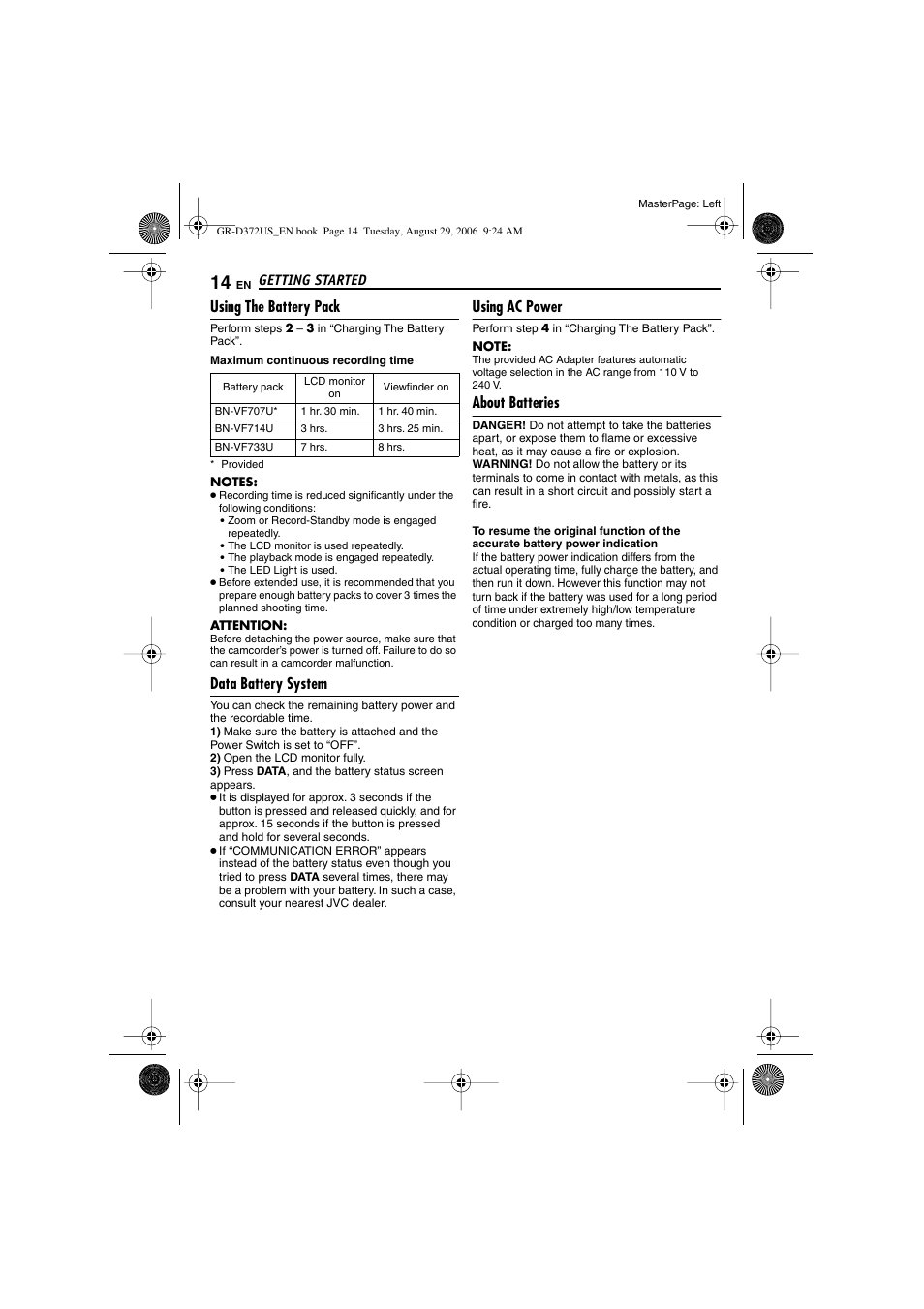 Using the battery pack, Data battery system, Using ac power | About batteries, Pg. 14) | JVC LYT1624-001B User Manual | Page 14 / 104