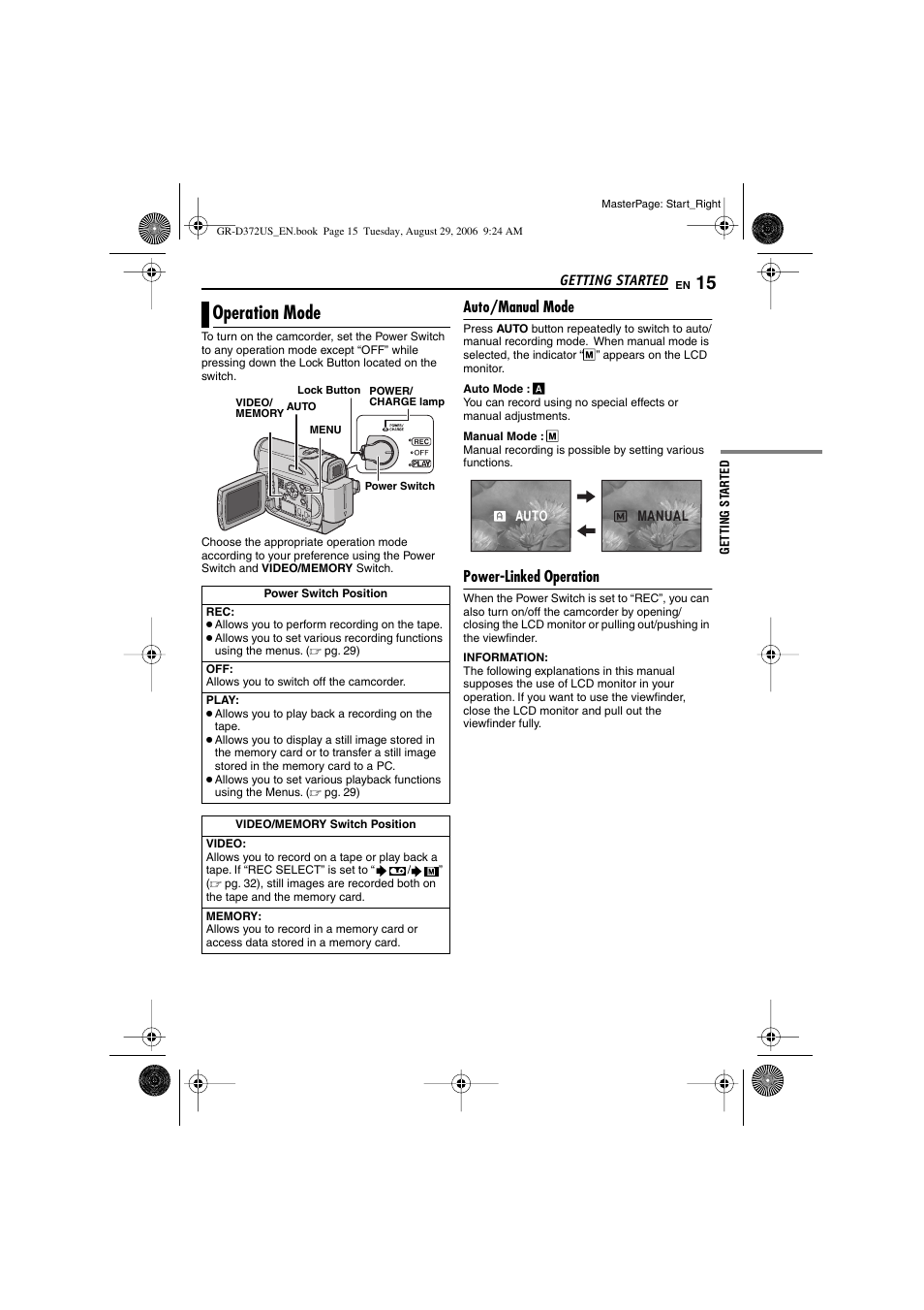 Operation mode, Auto/manual mode, Power-linked operation | Y switch, Pg. 15), Y, off, K button, Ation mode | JVC LYT1624-001B User Manual | Page 15 / 104