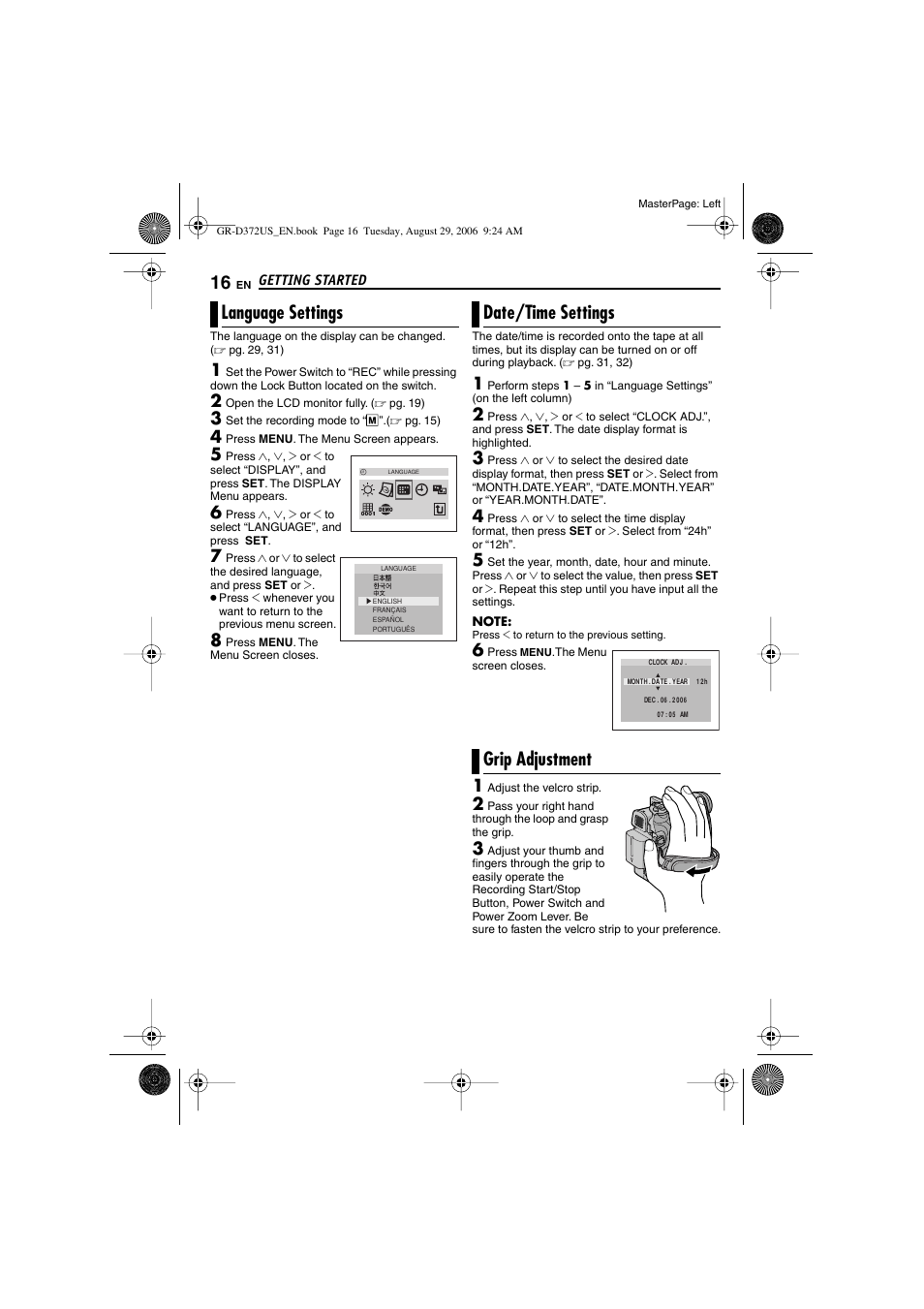 Language settings, Date/time settings, Grip adjustment | 16 date/time settings, 16 grip adjustment, Set button [set, Pg. 16), Ap (੬ pg. 16), Date, Date/time settings grip adjustment | JVC LYT1624-001B User Manual | Page 16 / 104