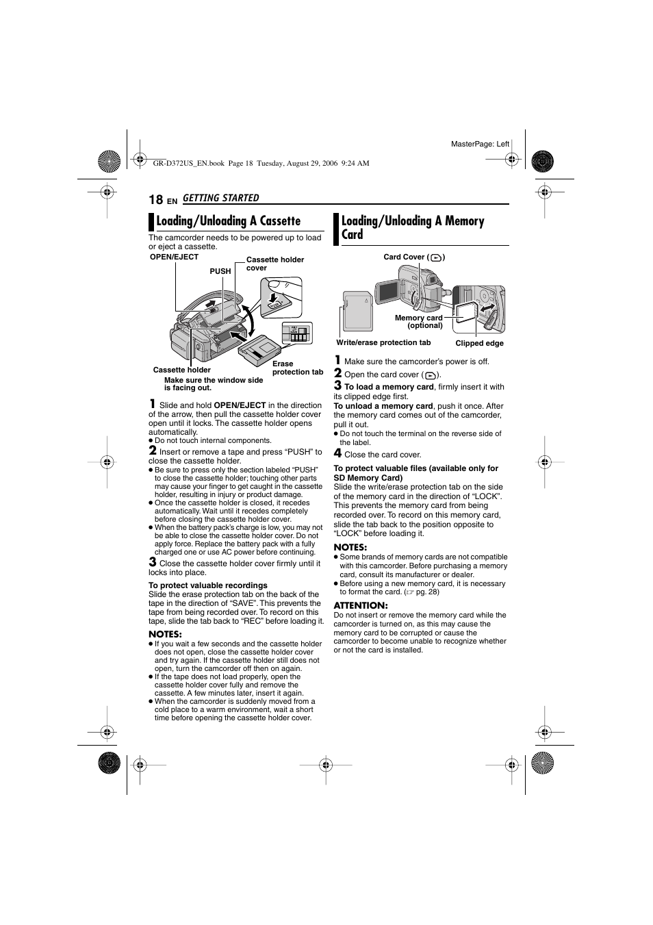 Loading/unloading a cassette, Loading/unloading a memory card, 18 loading/unloading a memory card | Pg. 18), Er (੬ pg. 18) | JVC LYT1624-001B User Manual | Page 18 / 104