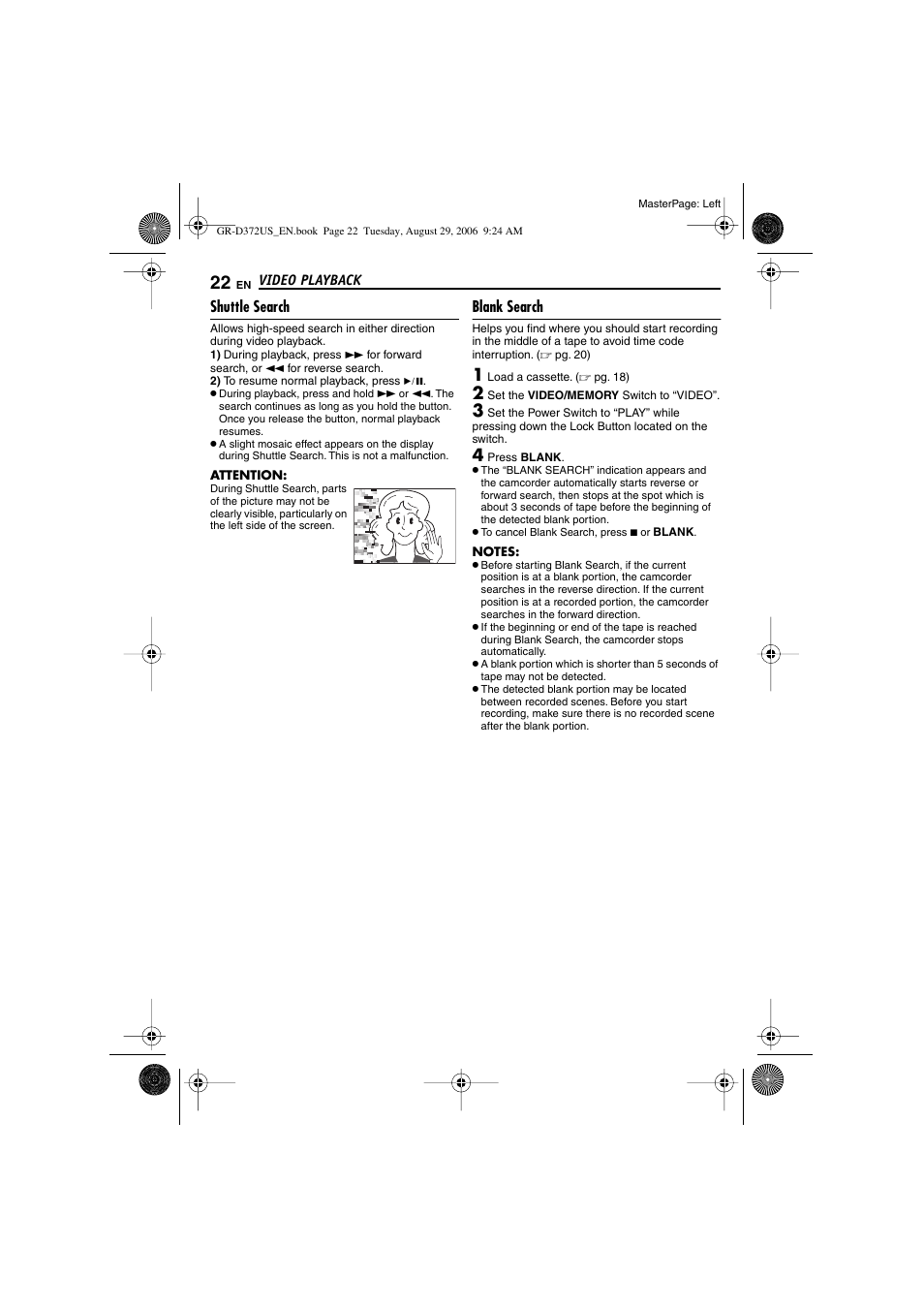 Shuttle search, Blank search, 22 blank search | Blank search [blank, Pg. 22), Blank search indicator | JVC LYT1624-001B User Manual | Page 22 / 104