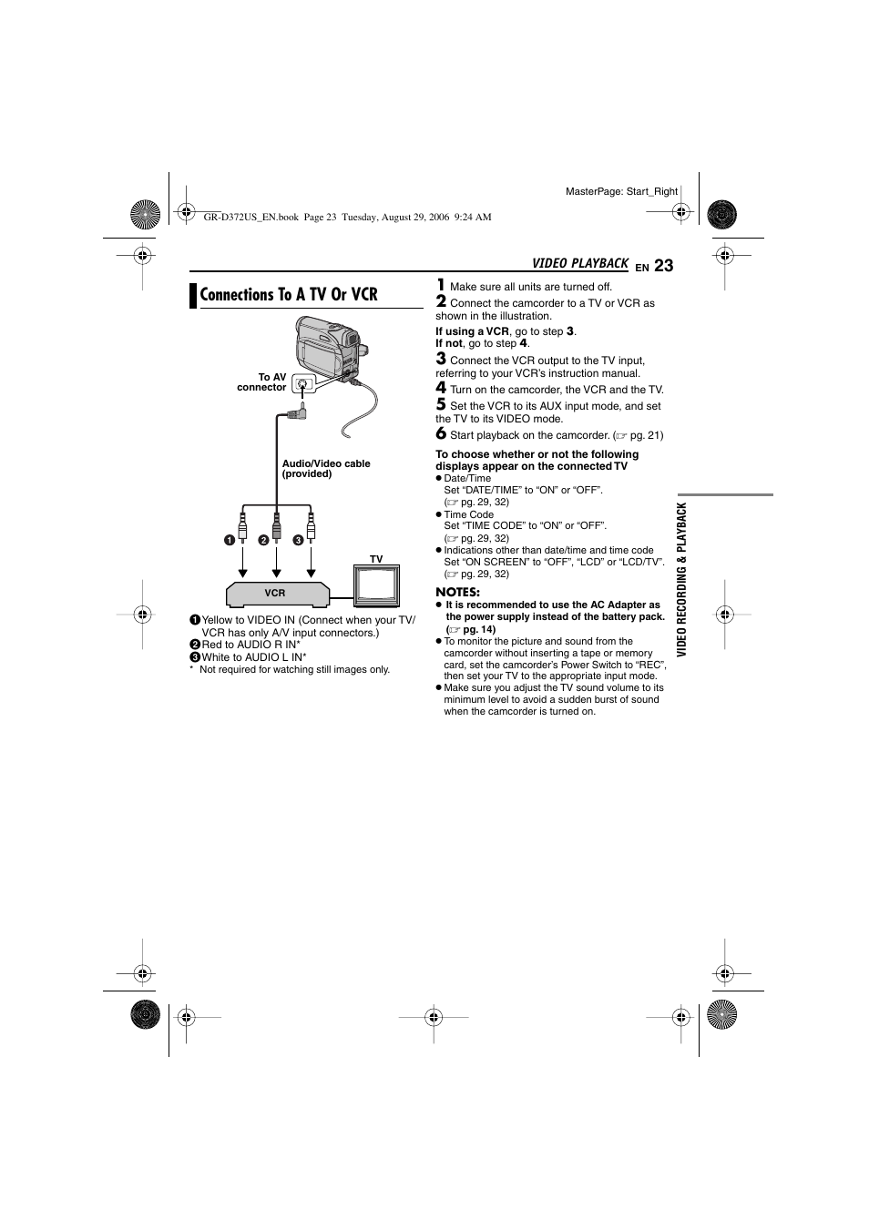 Connections to a tv or vcr, Pg. 23, 39) | JVC LYT1624-001B User Manual | Page 23 / 104