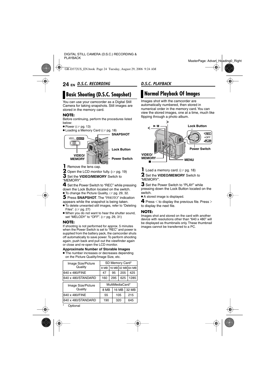 Basic shooting (d.s.c. snapshot), Normal playback of images, Digital still camera (d.s.c.) recording | Playback, D.s.c. recording, D.s.c. playback, Pg. 24, 34), Pg. 24), Shooting icon, Card icon | JVC LYT1624-001B User Manual | Page 24 / 104