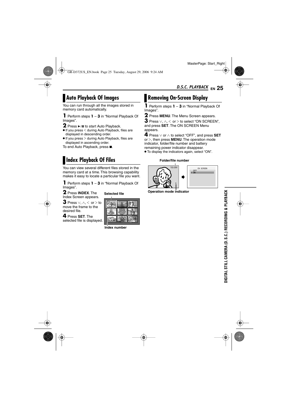 Auto playback of images, Index playback of files, Removing on-screen display | 25 index playback of files, 25 removing on-screen display, X button [index, Pg. 25), Older/file number, Ation mode indicator, Auto playback of images index playback of files | JVC LYT1624-001B User Manual | Page 25 / 104