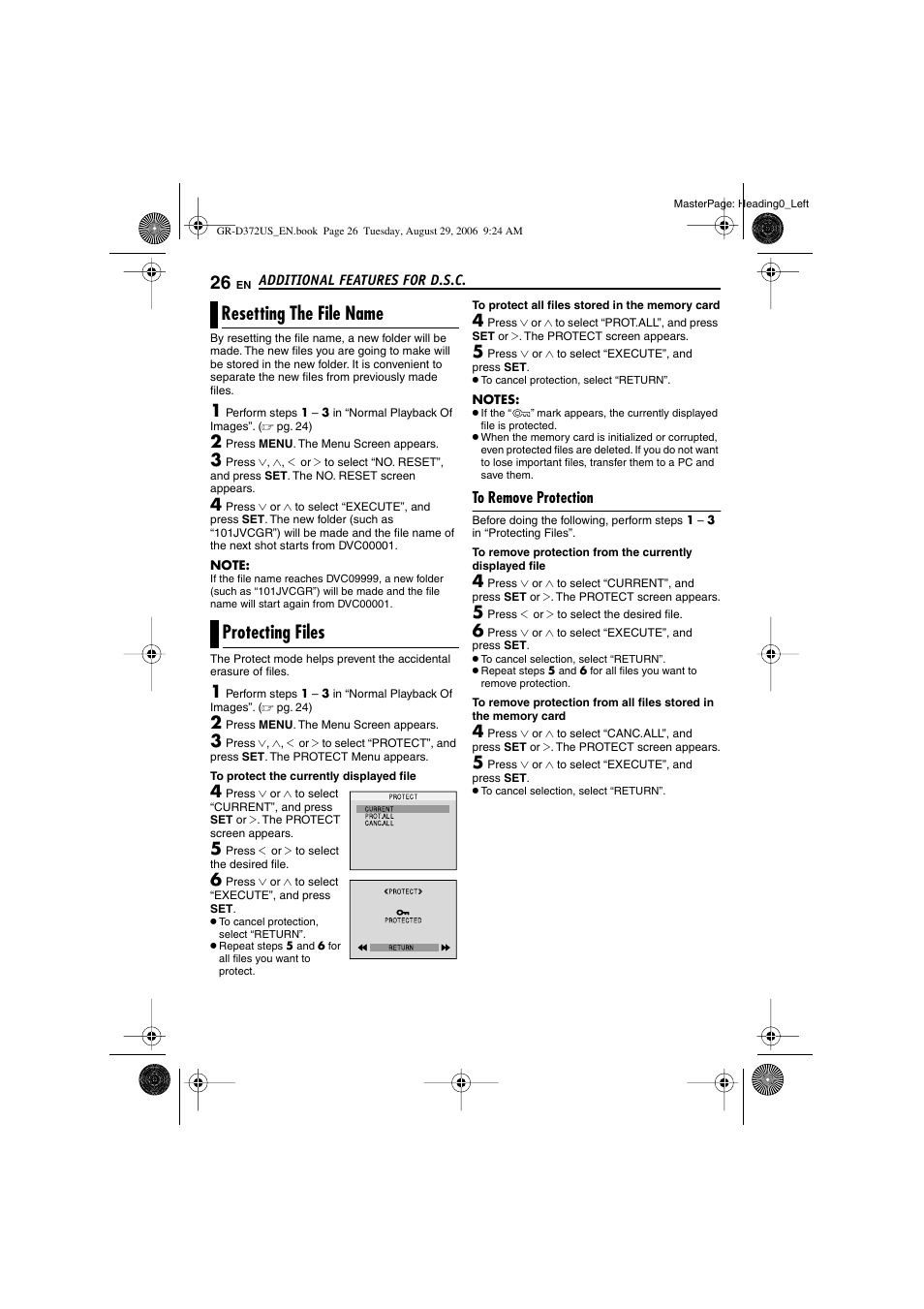 Additional features for d.s.c, Resetting the file name, Protecting files | To remove protection, 26 protecting files, Resetting the file name protecting files | JVC LYT1624-001B User Manual | Page 26 / 104