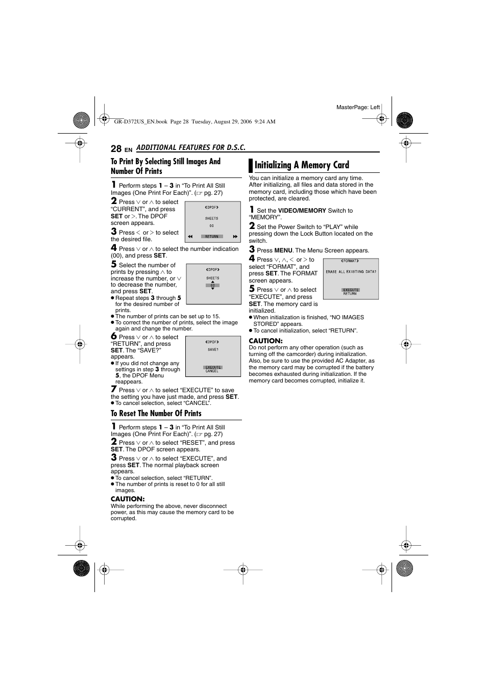 To reset the number of prints, Initializing a memory card, Pg. 28) | JVC LYT1624-001B User Manual | Page 28 / 104