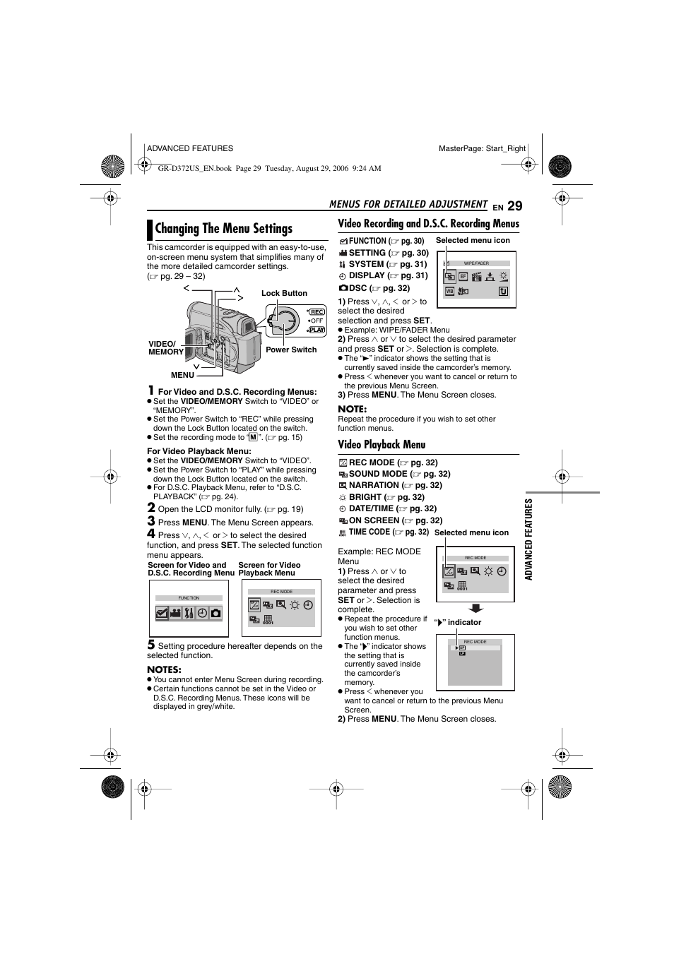 Menus for detailed adjustment, Changing the menu settings, Video recording and d.s.c. recording menus | Video playback menu, Pg. 29, 32), Advanced features, U button [menu, Pg. 29), W button, Pg. 29, 33) | JVC LYT1624-001B User Manual | Page 29 / 104