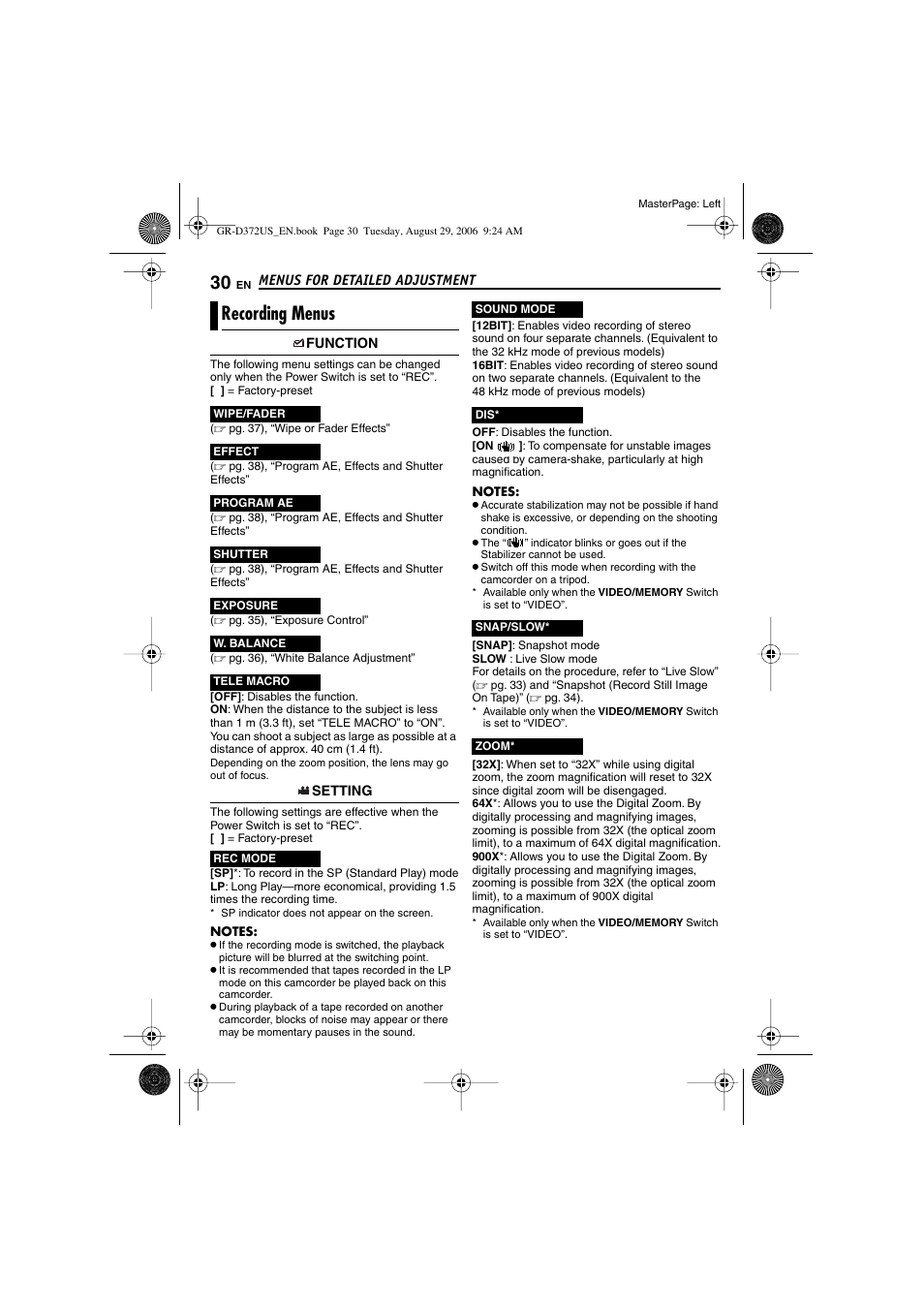 Recording menus, Pg. 30), Er (“dis”) | Pg. 30) (appears f | JVC LYT1624-001B User Manual | Page 30 / 104