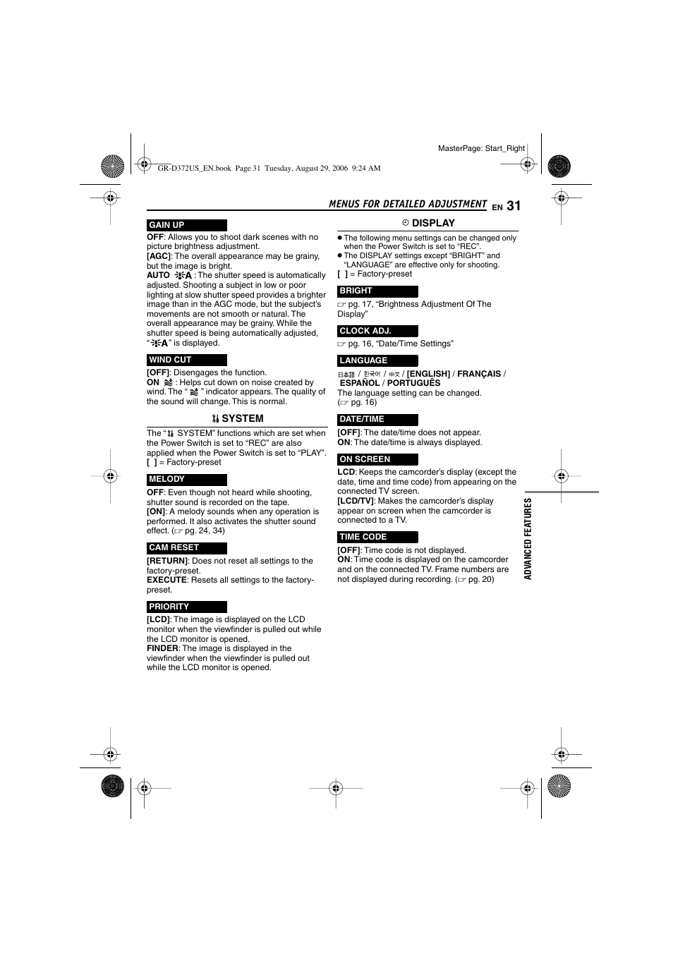 Date/time, Pg. 31), Time code | Pg. 31, 32), Gain up mode, Wind cut indicator | JVC LYT1624-001B User Manual | Page 31 / 104