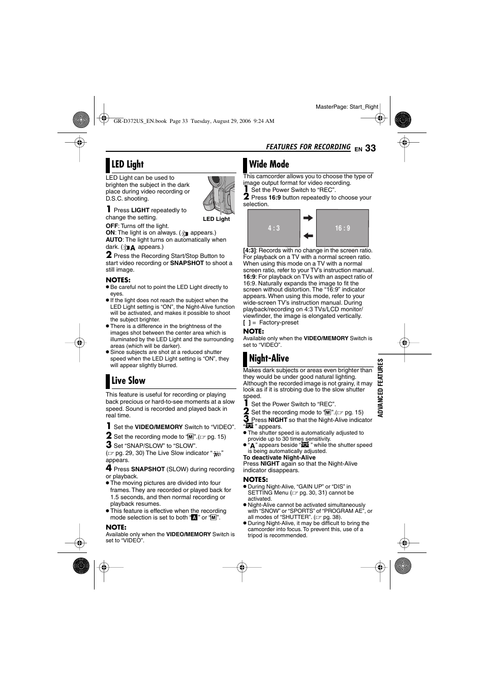 Features for recording, Led light, Live slow | Wide mode, Night-alive, Pg. 33), 33 live slow, 33 wide mode, 33 night-alive, Night button [night | JVC LYT1624-001B User Manual | Page 33 / 104