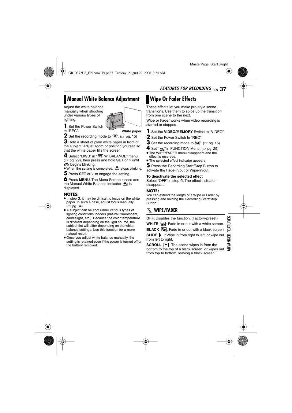 Manual white balance adjustment, Wipe or fader effects, Wipe/fader | Pg. 37), 37 wipe or fader effects, Pg. 37)) | JVC LYT1624-001B User Manual | Page 37 / 104