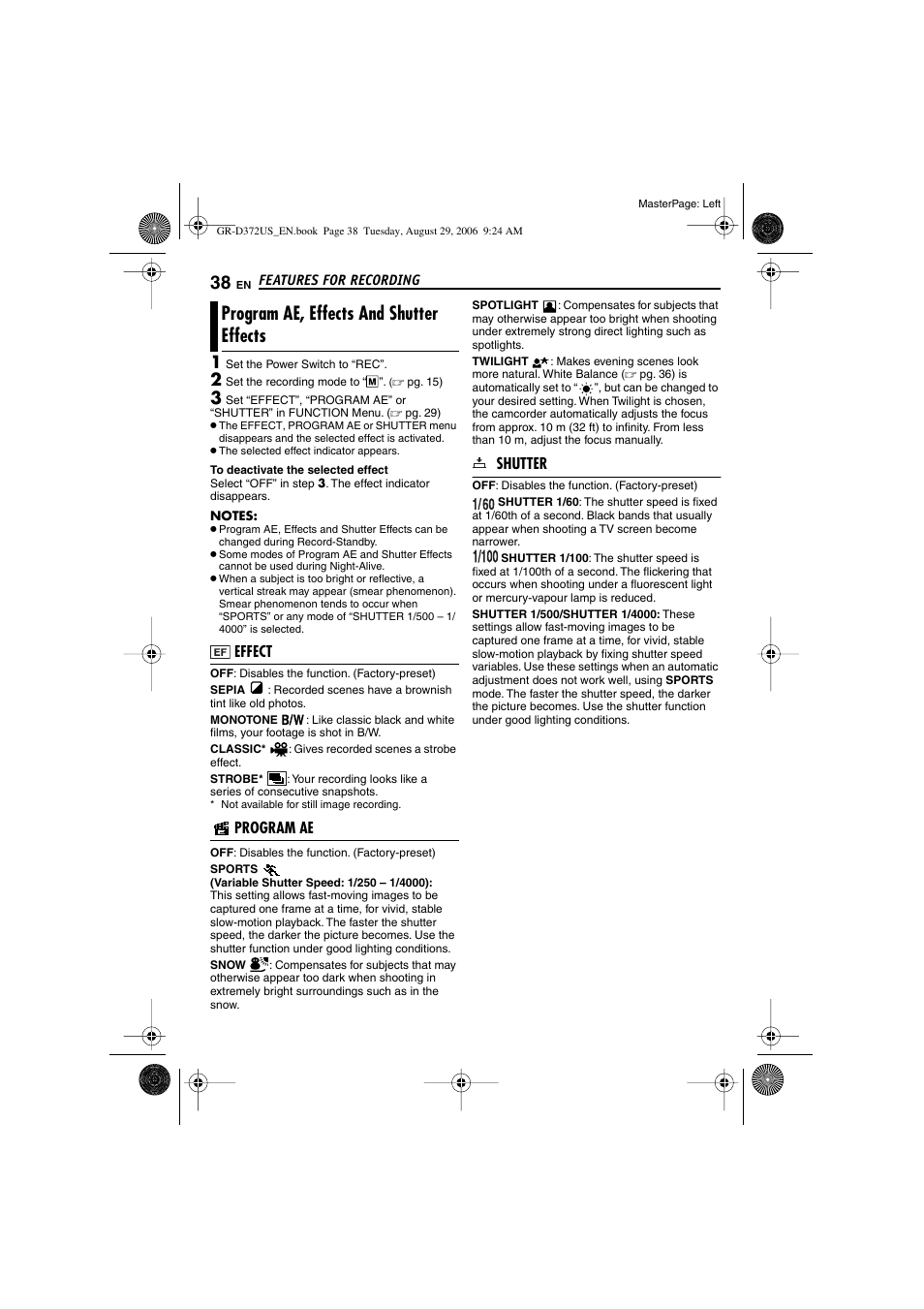 Program ae, effects and shutter effects, Effect, Program ae | Shutter, Pg. 38), Am ae indicator, Pg. 38), or with the, In effect | JVC LYT1624-001B User Manual | Page 38 / 104