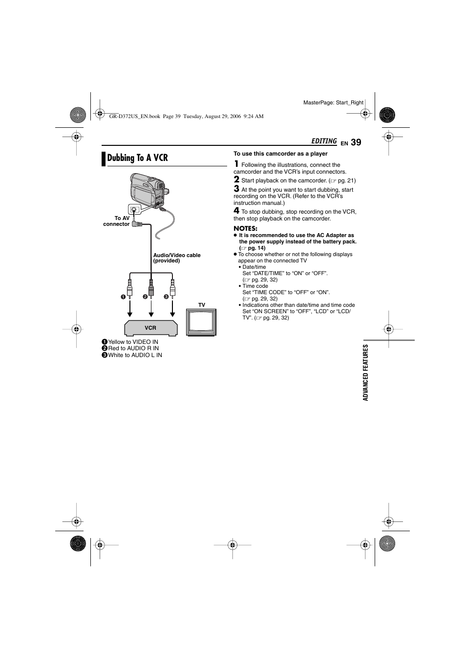 Editing, Dubbing to a vcr | JVC LYT1624-001B User Manual | Page 39 / 104