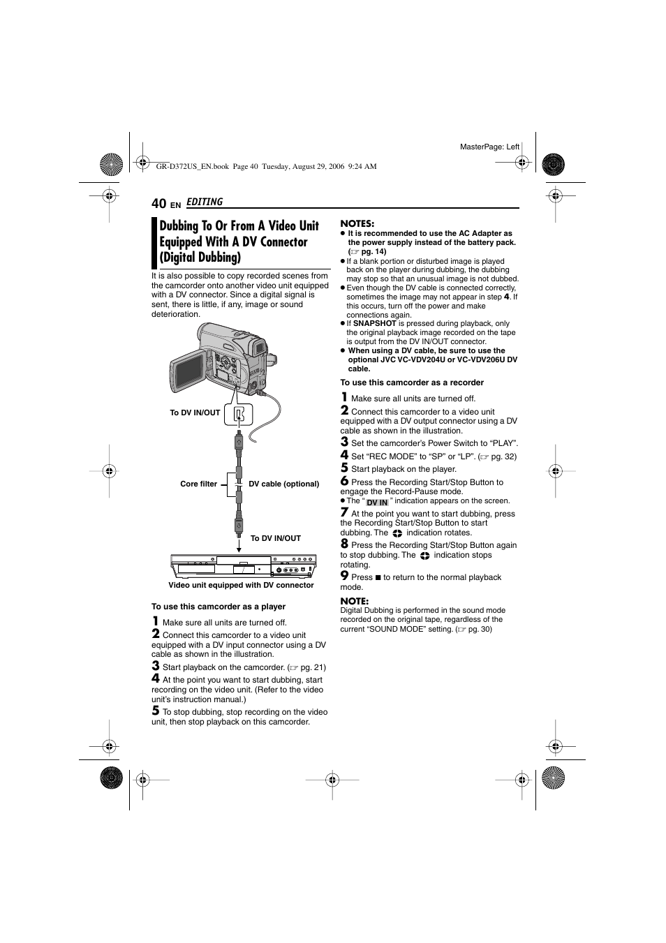 Dubbing to or from a video unit equipped with, A dv connector (digital dubbing), Pg. 40, 41) | JVC LYT1624-001B User Manual | Page 40 / 104