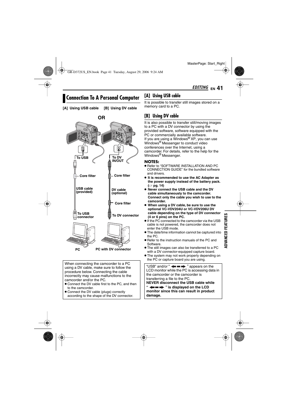 Connection to a personal computer, Pg. 41), A] using usb cable | B] using dv cable | JVC LYT1624-001B User Manual | Page 41 / 104