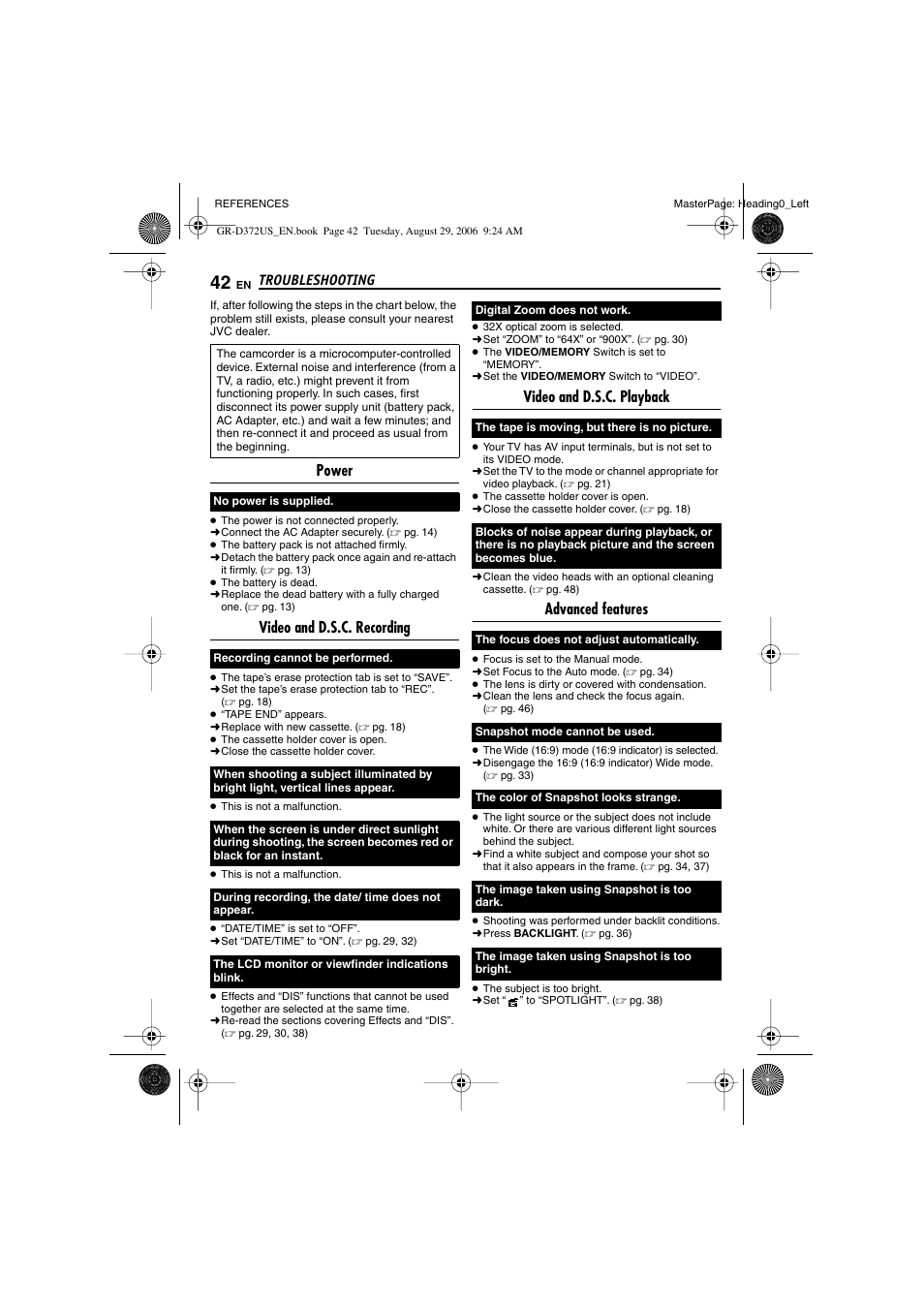 Troubleshooting, References, Power | Video and d.s.c. recording, Video and d.s.c. playback, Advanced features | JVC LYT1624-001B User Manual | Page 42 / 104