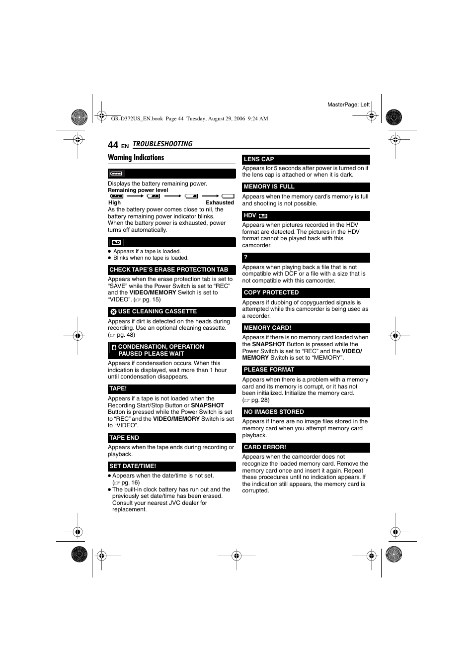 Warning indications, Pg. 44) | JVC LYT1624-001B User Manual | Page 44 / 104