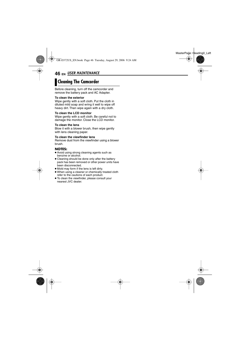 User maintenance, Cleaning the camcorder, Pg. 46) | JVC LYT1624-001B User Manual | Page 46 / 104