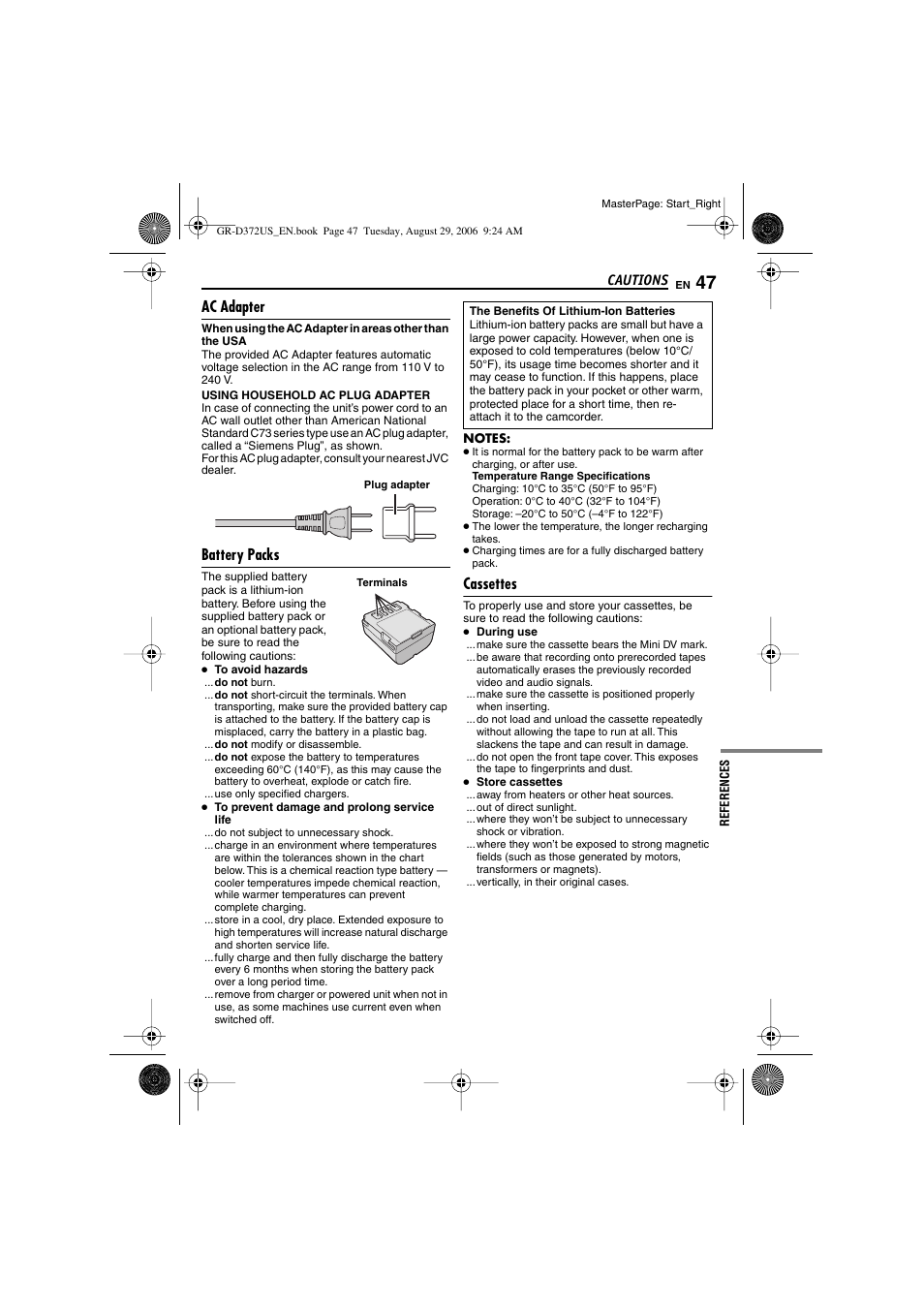 Cautions, Ac adapter, Battery packs | Cassettes | JVC LYT1624-001B User Manual | Page 47 / 104