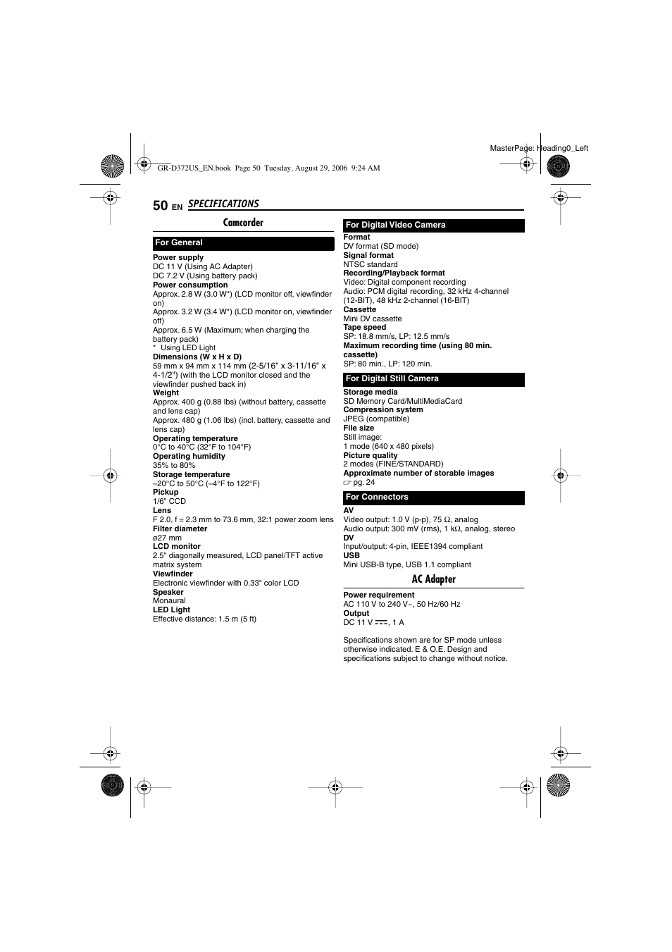 Specifications, Camcorder, Ac adapter | JVC LYT1624-001B User Manual | Page 50 / 104