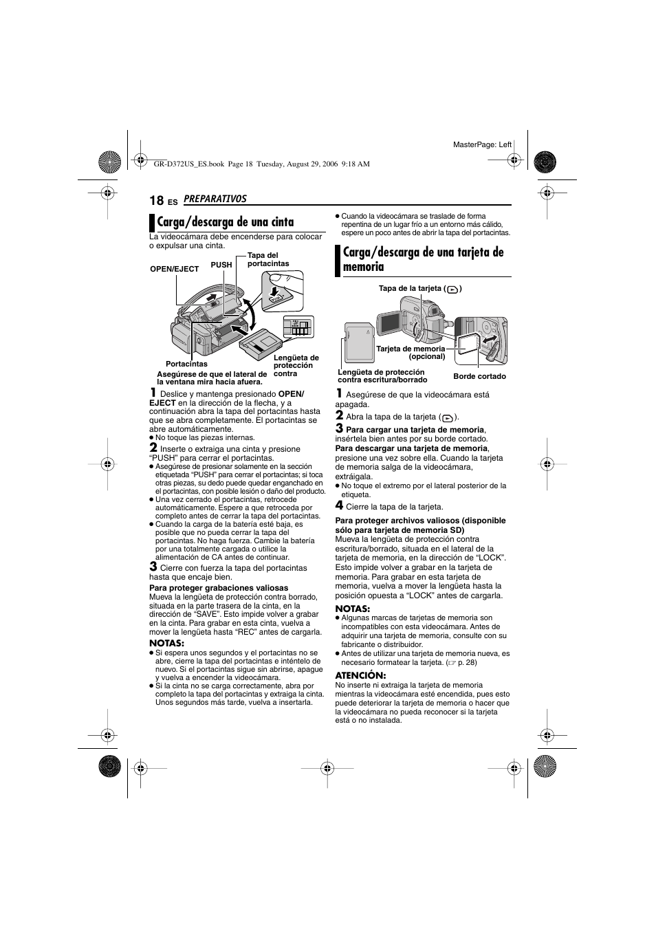 Carga/descarga de una cinta, Carga/descarga de una tarjeta de memoria, 18 carga/descarga de una tarjeta de memoria | Open/eject, P. 18), Tacintas (੬ p. 18) | JVC LYT1624-001B User Manual | Page 70 / 104