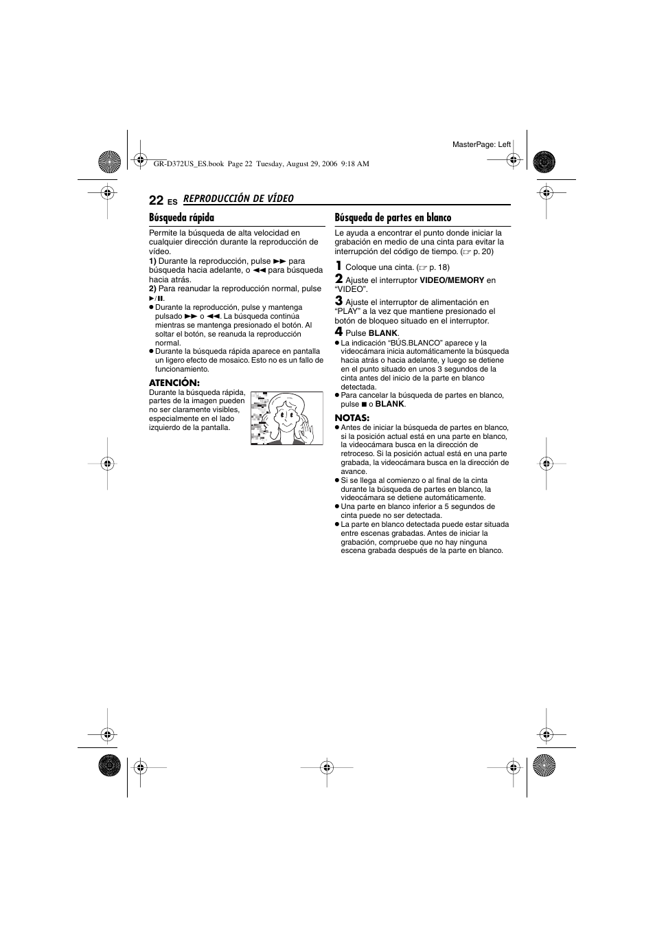 Búsqueda rápida, Búsqueda de partes en blanco, 22 búsqueda de partes en blanco | P. 22), Lanco, P. 22) par | JVC LYT1624-001B User Manual | Page 74 / 104