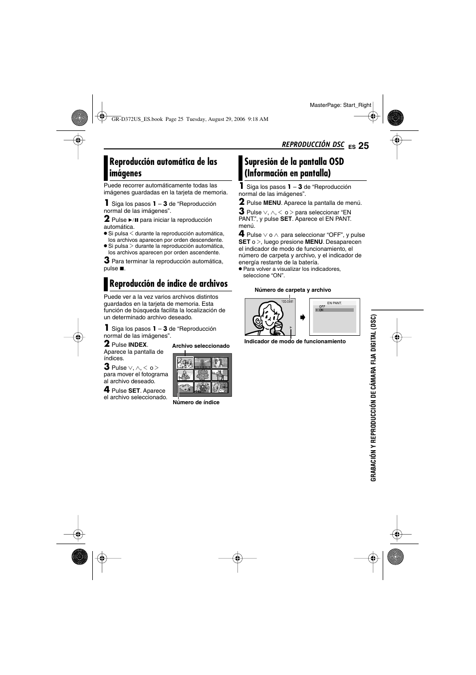 Reproducción automática de las imágenes, Reproducción de índice de archivos, Reproducción dsc | 25 supresión de la pantalla osd (información en, Pantalla), Botón de índice [index, P. 25) | JVC LYT1624-001B User Manual | Page 77 / 104