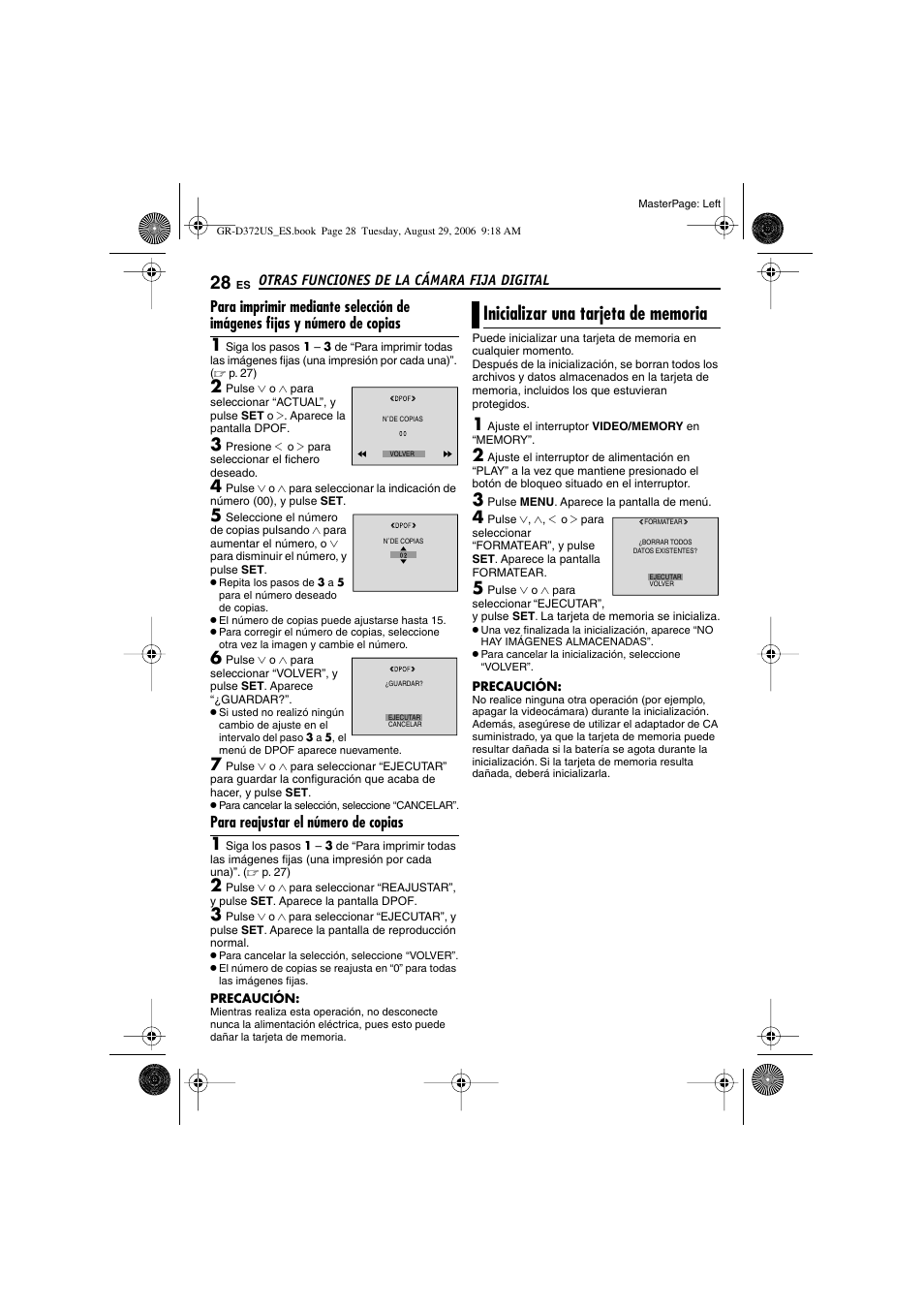 Para reajustar el número de copias, Inicializar una tarjeta de memoria, P. 28) | JVC LYT1624-001B User Manual | Page 80 / 104