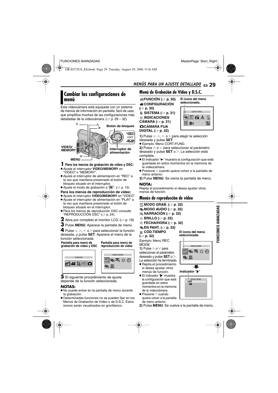 Menús para un ajuste detallado, Cambiar las configuraciones de menú, Menú de grabación de video y d.s.c | Menús de reproducción de video, P. 29, 32), Botón de menú [menu, P. 29), P. 29, 33), P. 29, 31), P. 29, 32 | JVC LYT1624-001B User Manual | Page 81 / 104