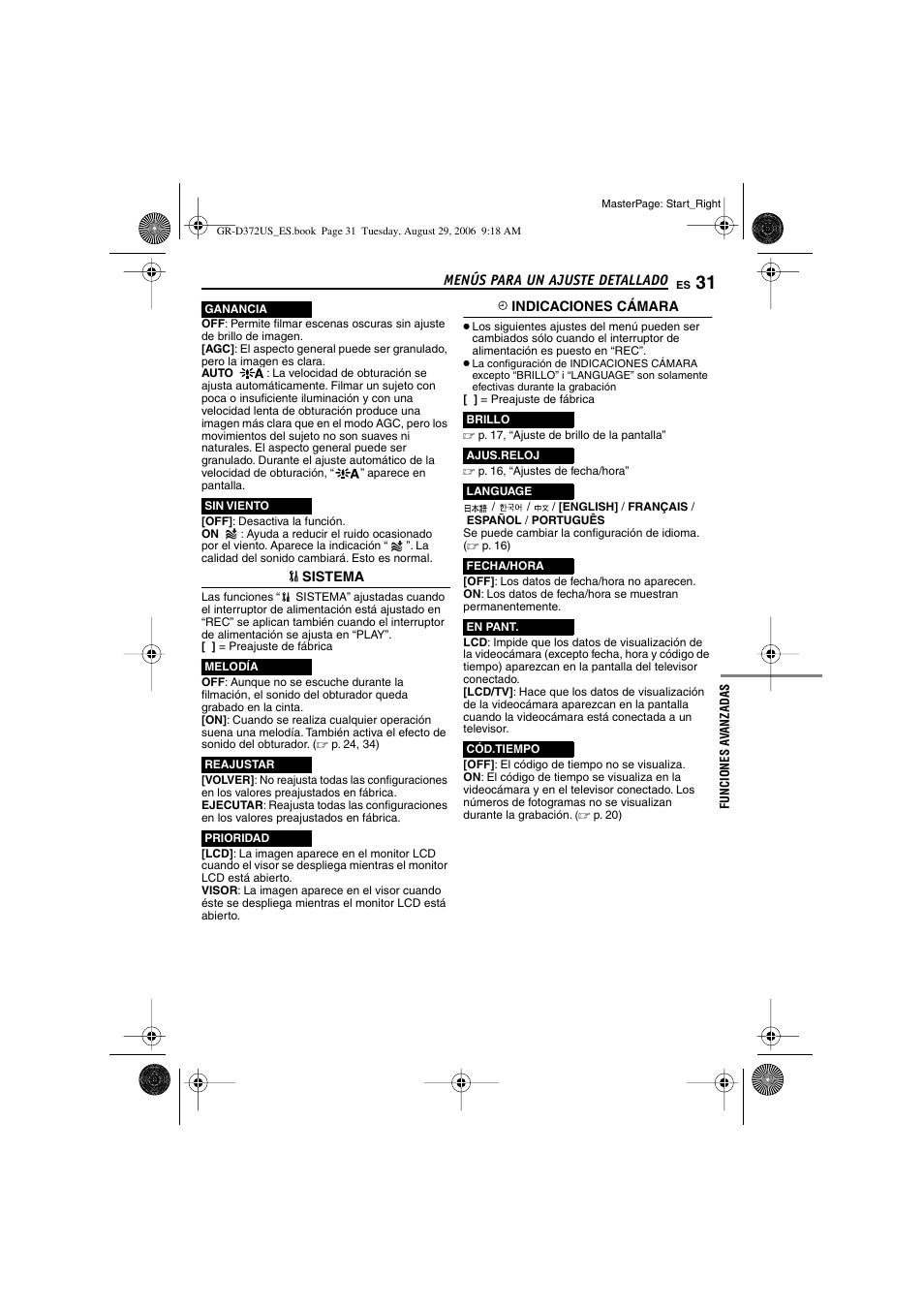 P. 31), Código de tiempo, P. 31, 32) | Modo de ganancia de luz | JVC LYT1624-001B User Manual | Page 83 / 104