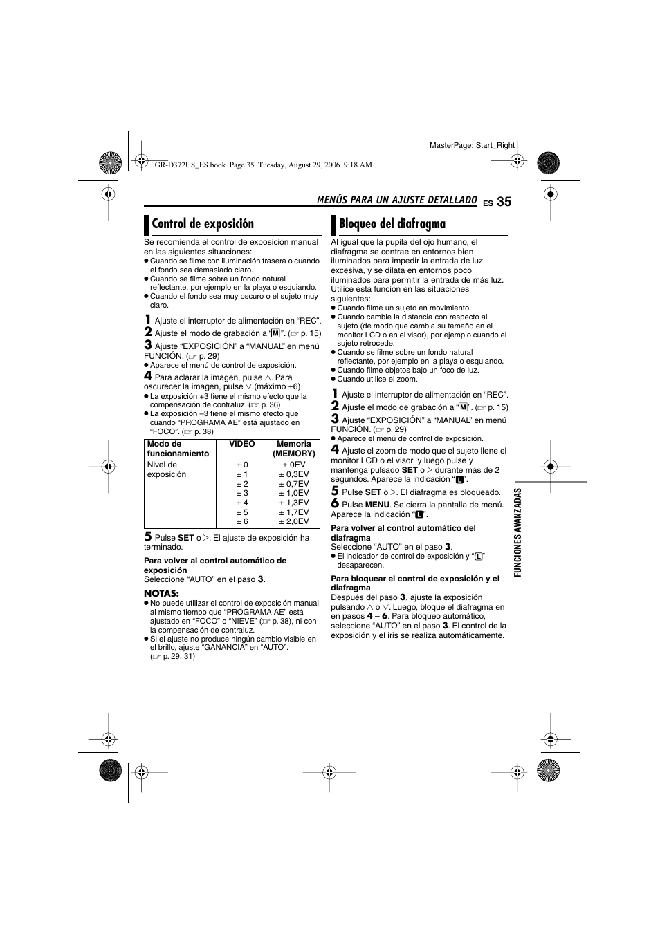 Control de exposición, Bloqueo del diafragma, 35 bloqueo del diafragma | Xposición, P. 35), Agma, P. 35), “control de exposición | JVC LYT1624-001B User Manual | Page 87 / 104