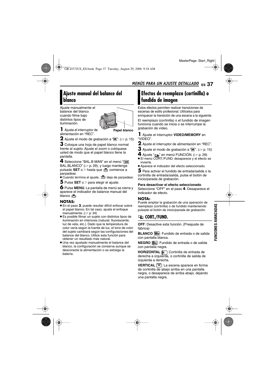 Ajuste manual del balance del blanco, Cort./fund, P. 37) | Agen, Imagen seleccionado, P. 37), “efectos de reemplazo (cortinilla) o, Fundido de imagen | JVC LYT1624-001B User Manual | Page 89 / 104