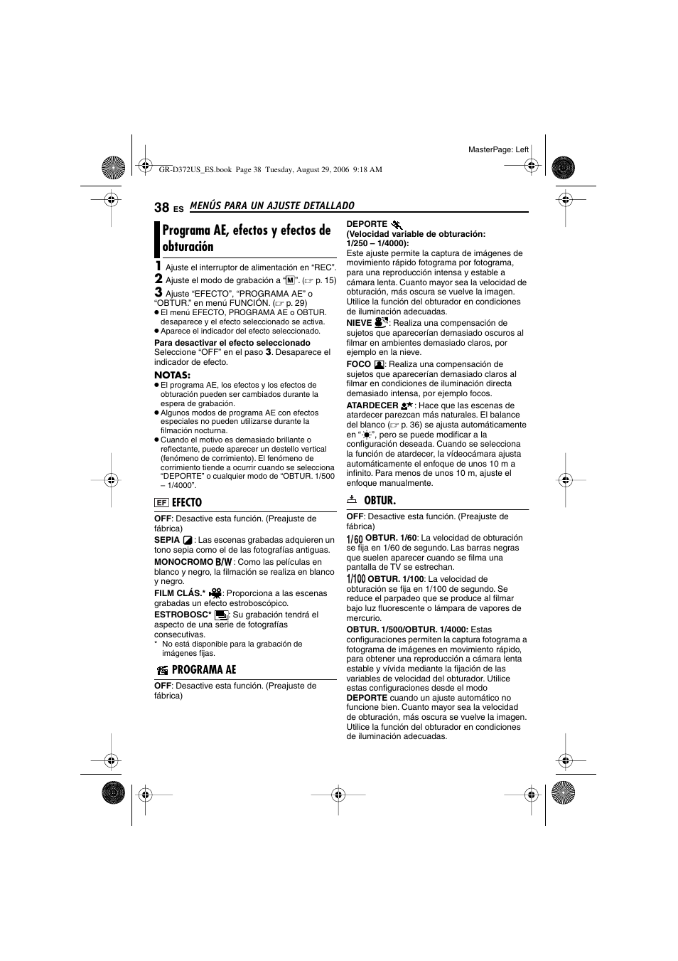 Programa ae, efectos y efectos de obturación, Efecto, Programa ae | Obtur, P. 38), Programa ae, efectos y efectos de obtu, Ración, P. 38), “programa ae, efectos y efectos de, Obturación, P. 38), ni con | JVC LYT1624-001B User Manual | Page 90 / 104