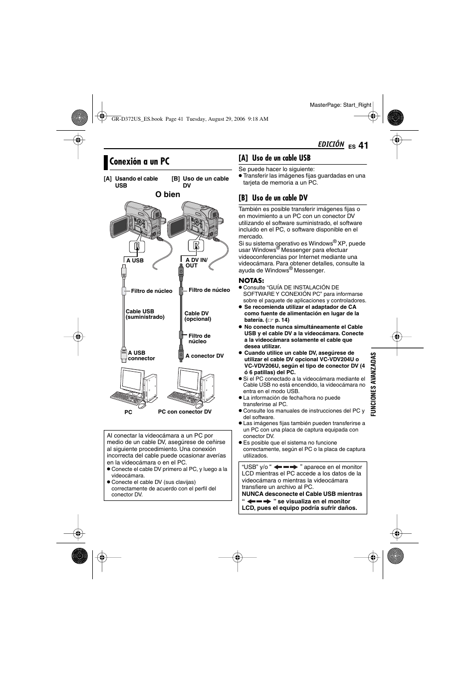 Conexión a un pc, P. 41), A] uso de un cable usb | B] uso de un cable dv, O bien | JVC LYT1624-001B User Manual | Page 93 / 104