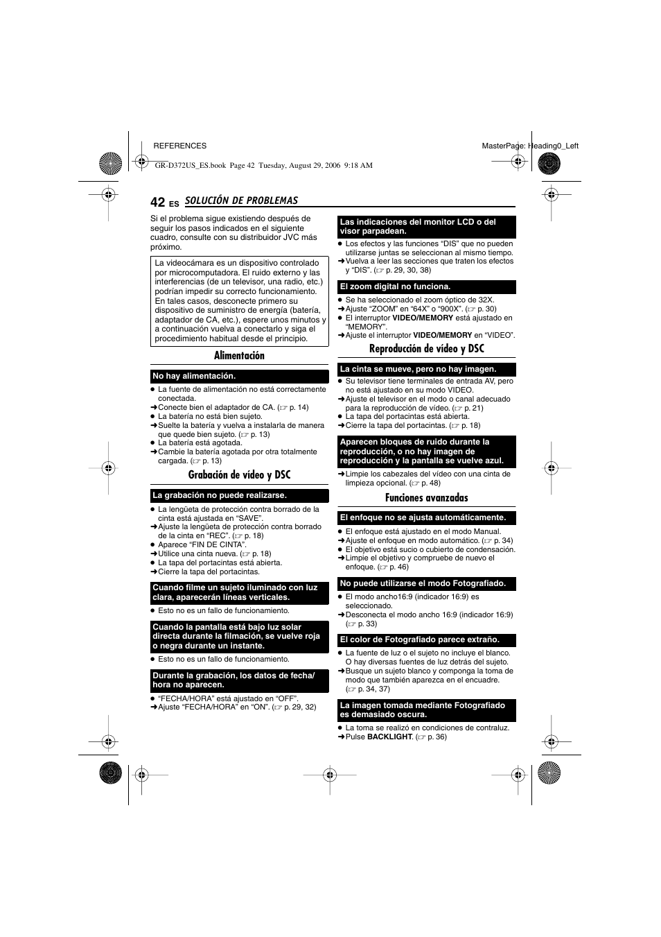 Solución de problemas, Alimentación, Grabación de vídeo y dsc | Reproducción de vídeo y dsc, Funciones avanzadas | JVC LYT1624-001B User Manual | Page 94 / 104