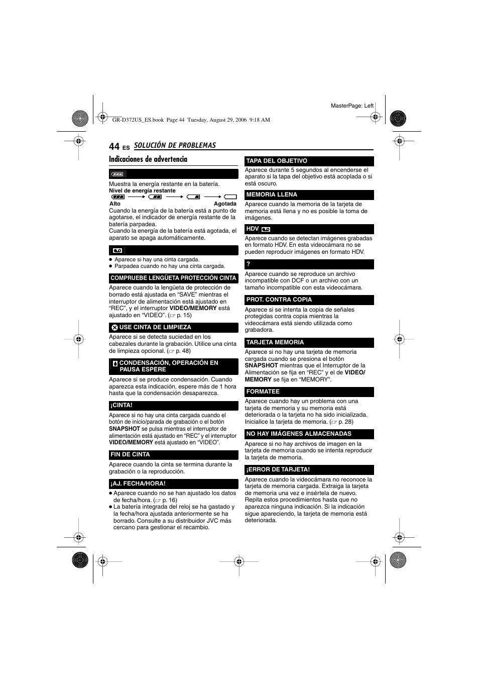 Indicaciones de advertencia, P. 44) | JVC LYT1624-001B User Manual | Page 96 / 104