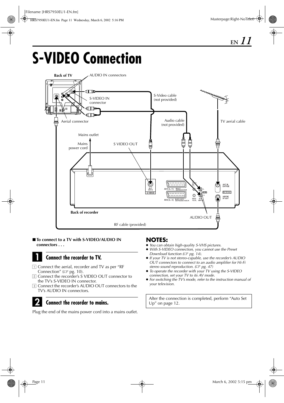 S-video connection, Connect the recorder to tv, Connect the recorder to mains | JVC HR - S7950EU User Manual | Page 11 / 72