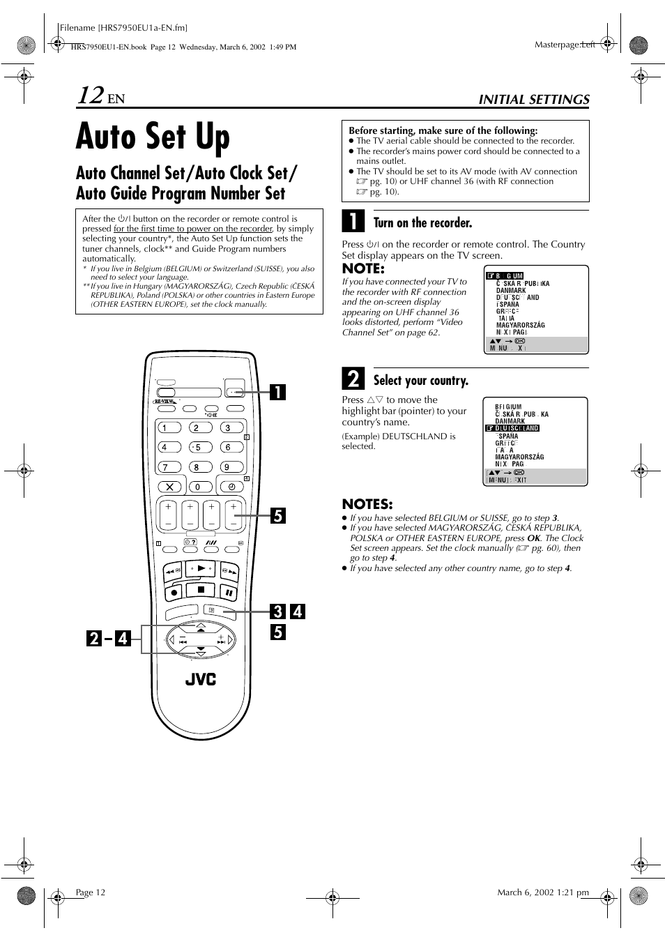 Auto set up | JVC HR - S7950EU User Manual | Page 12 / 72