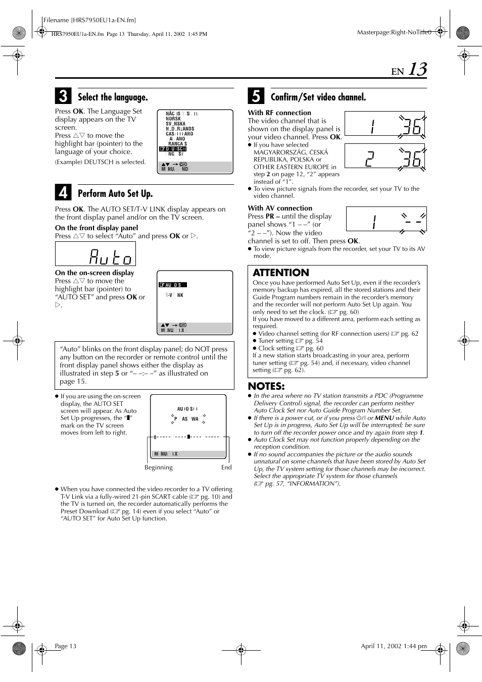 Select the language, Perform auto set up, Confirm/set video channel | Attention | JVC HR - S7950EU User Manual | Page 13 / 72