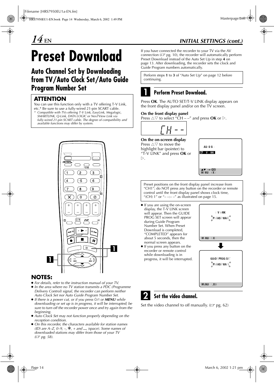 Preset download, Initial settings (cont.), Perform preset download | Set the video channel, Attention | JVC HR - S7950EU User Manual | Page 14 / 72