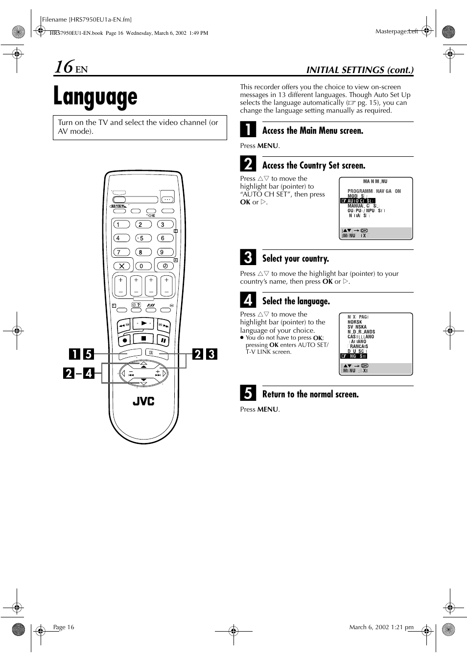 Language | JVC HR - S7950EU User Manual | Page 16 / 72