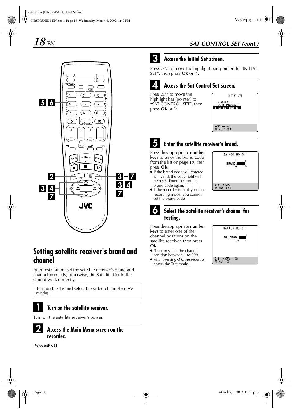 Setting satellite receiver's brand and channel | JVC HR - S7950EU User Manual | Page 18 / 72