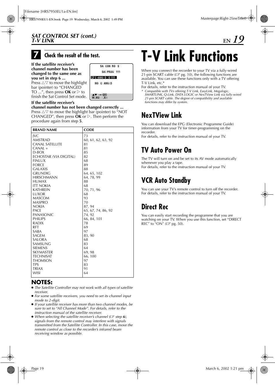 T-v link functions, Nextview link, Tv auto power on | Vcr auto standby, Direct rec | JVC HR - S7950EU User Manual | Page 19 / 72