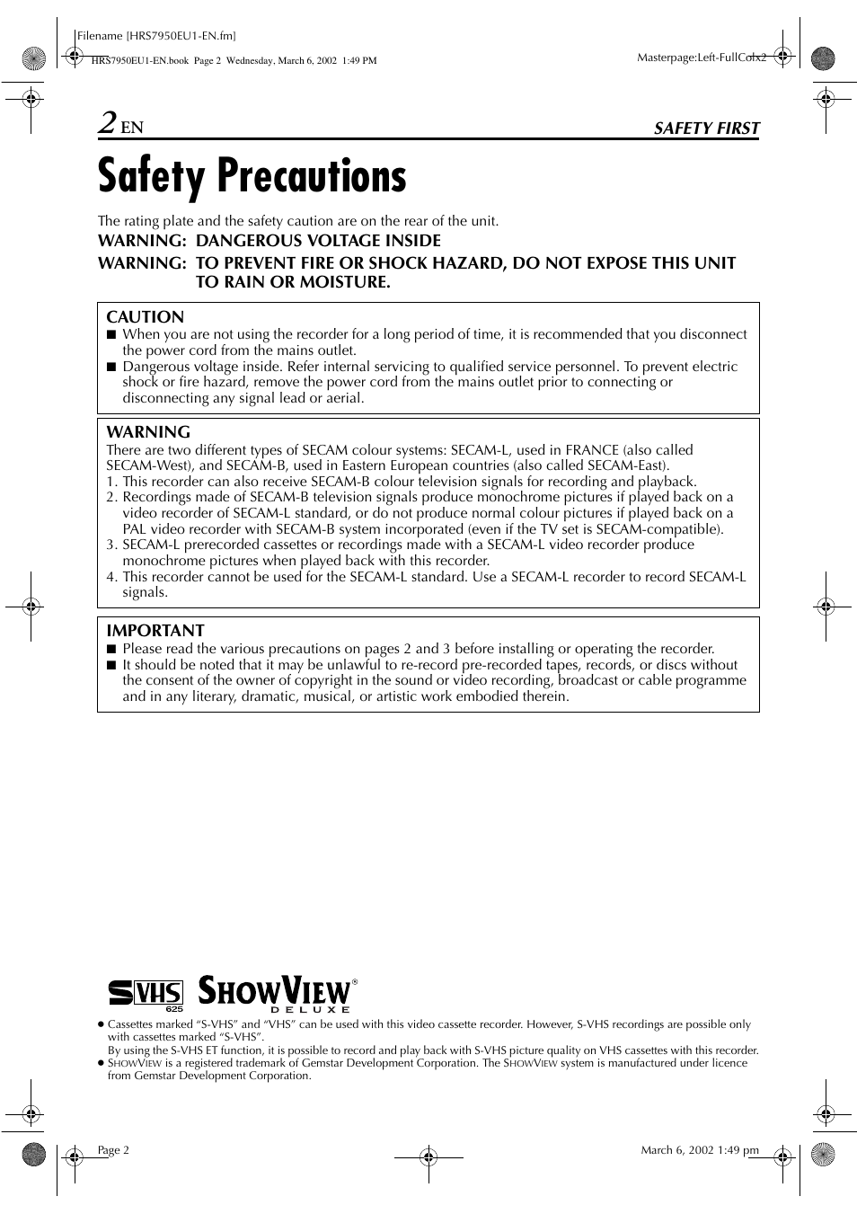 Safety precautions | JVC HR - S7950EU User Manual | Page 2 / 72