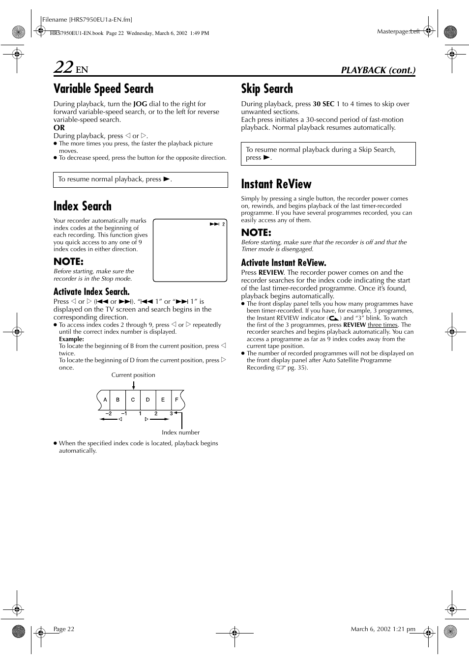Variable speed search, Index search, Skip search | Instant review, Playback (cont.), Activate index search, Activate instant review | JVC HR - S7950EU User Manual | Page 22 / 72