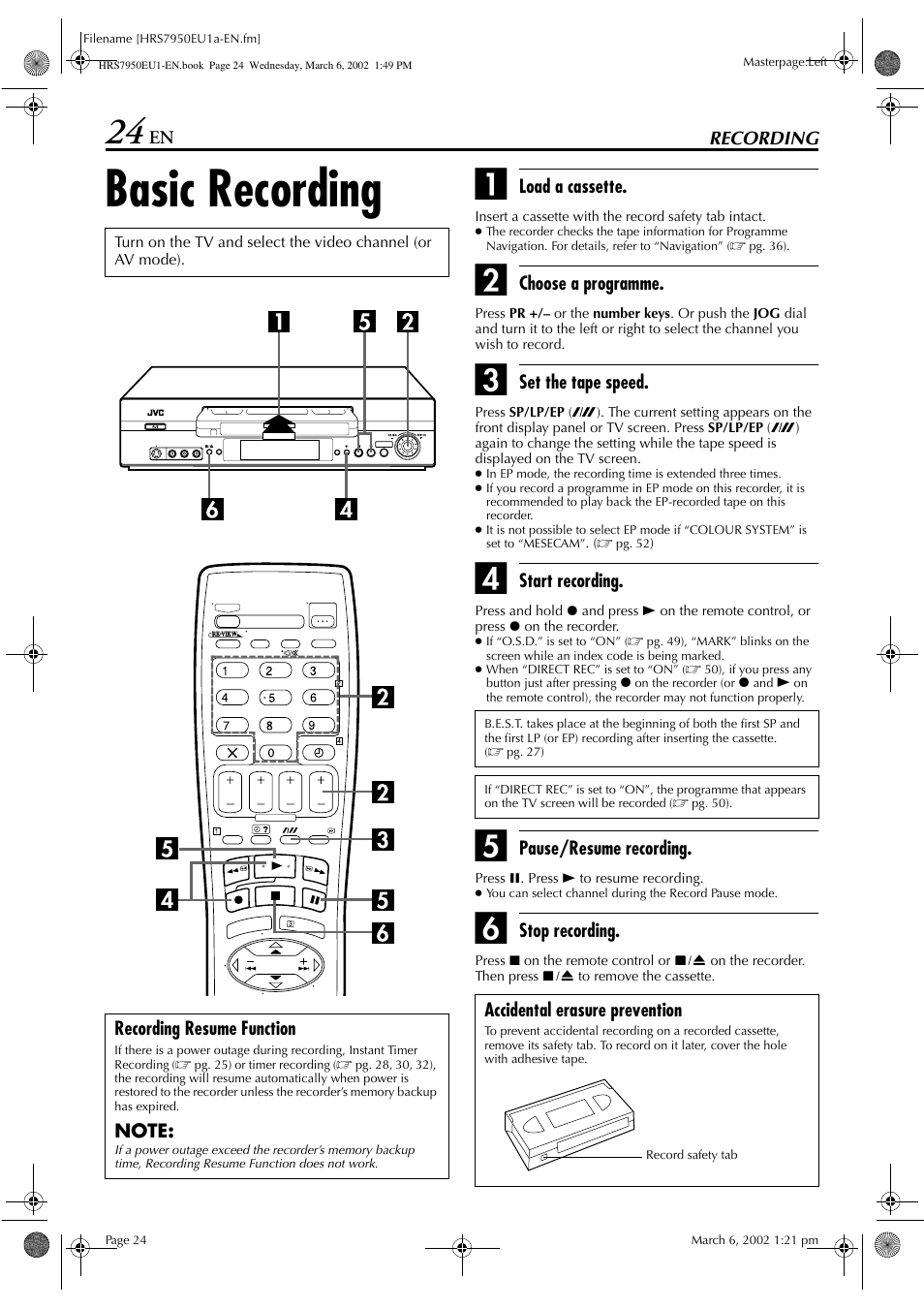 Basic recording | JVC HR - S7950EU User Manual | Page 24 / 72