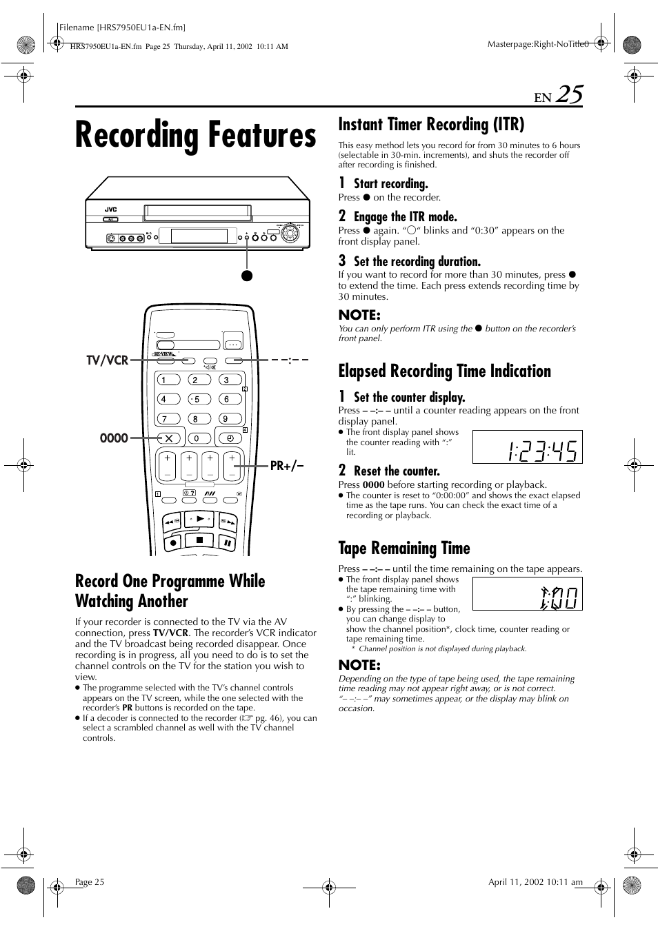 Recording features, Record one programme while watching another, Instant timer recording (itr) | Elapsed recording time indication, Tape remaining time | JVC HR - S7950EU User Manual | Page 25 / 72