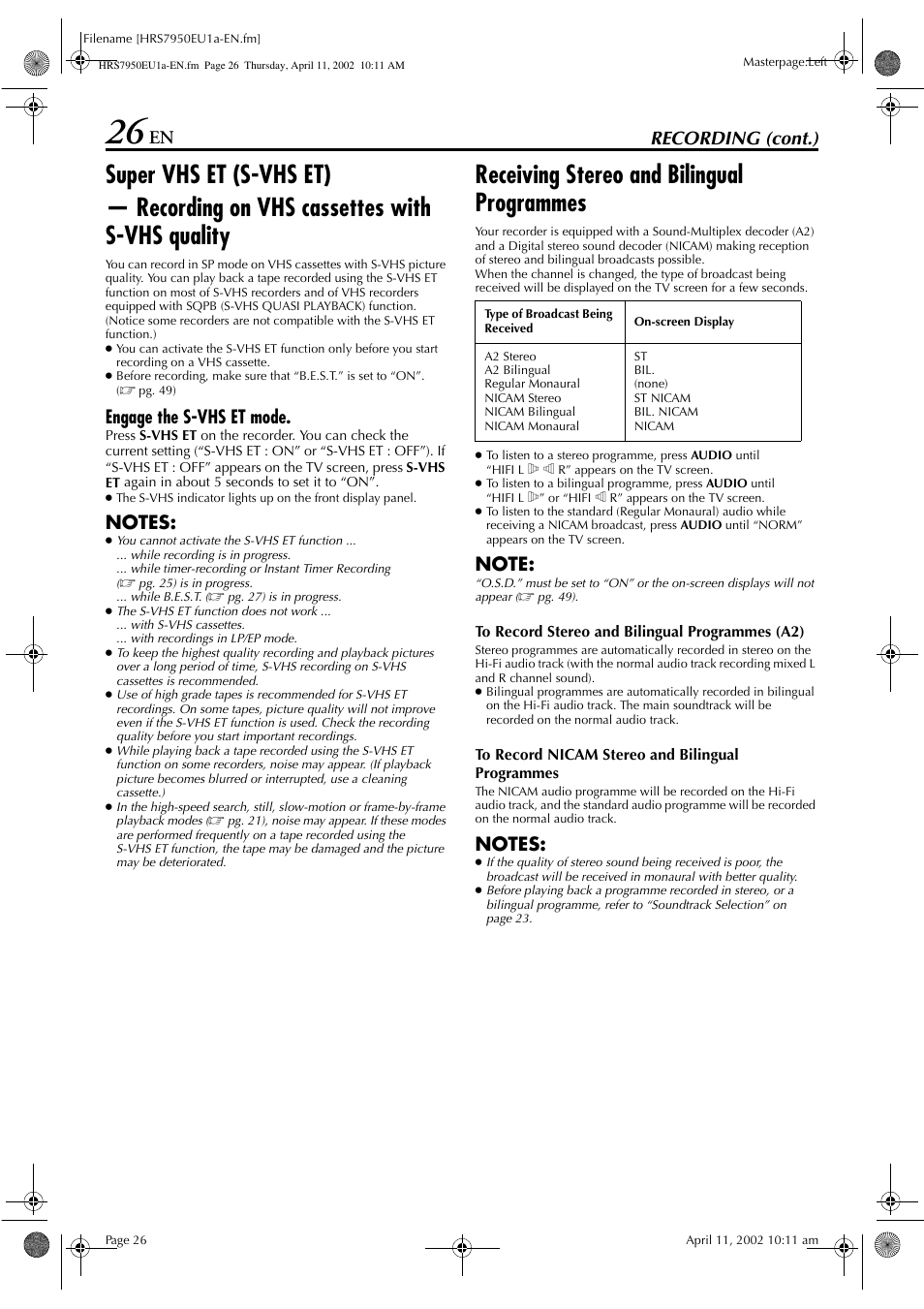 Receiving stereo and bilingual programmes, Recording (cont.), Engage the s-vhs et mode | JVC HR - S7950EU User Manual | Page 26 / 72