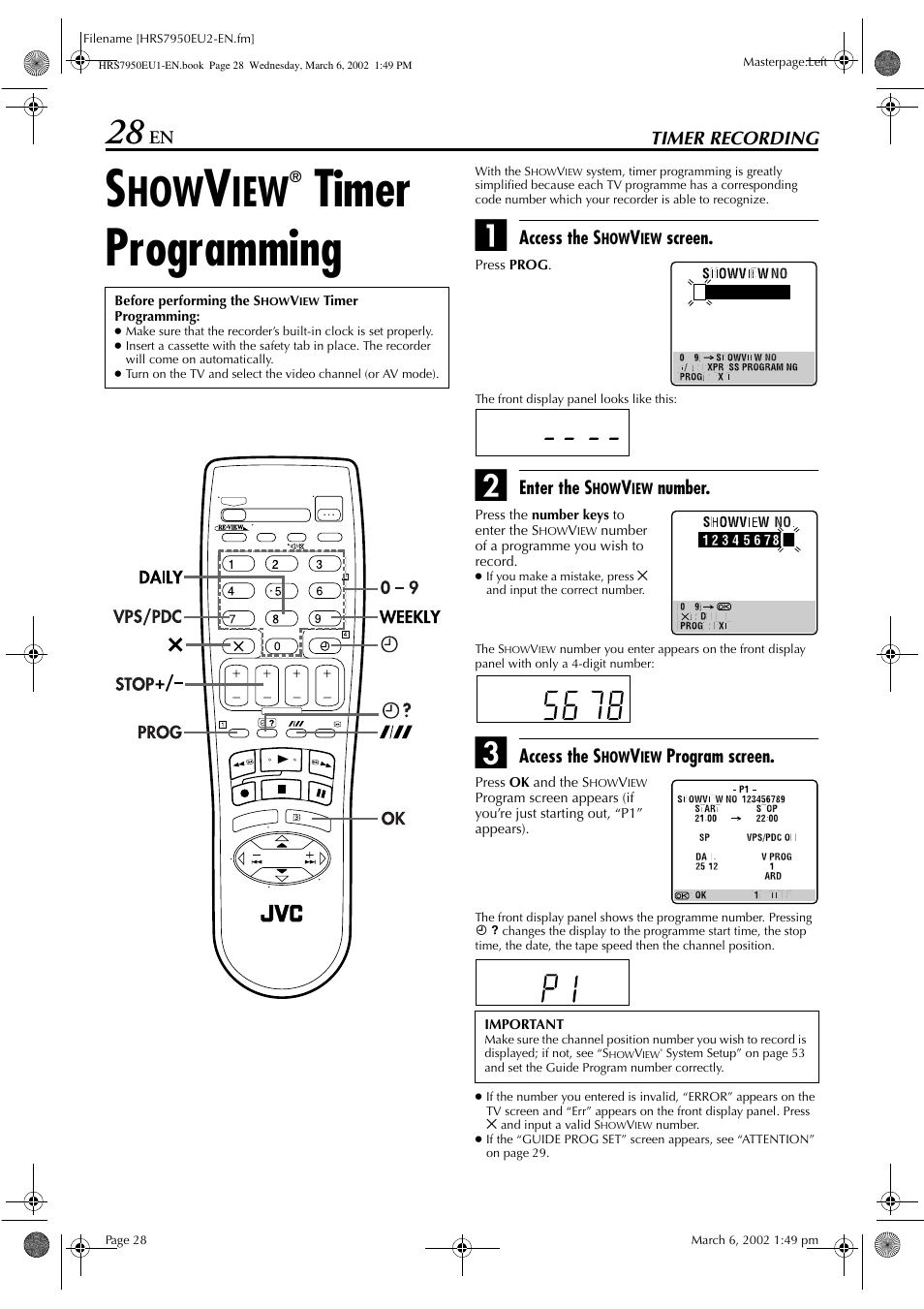 Showview timer programming, Timer programming | JVC HR - S7950EU User Manual | Page 28 / 72
