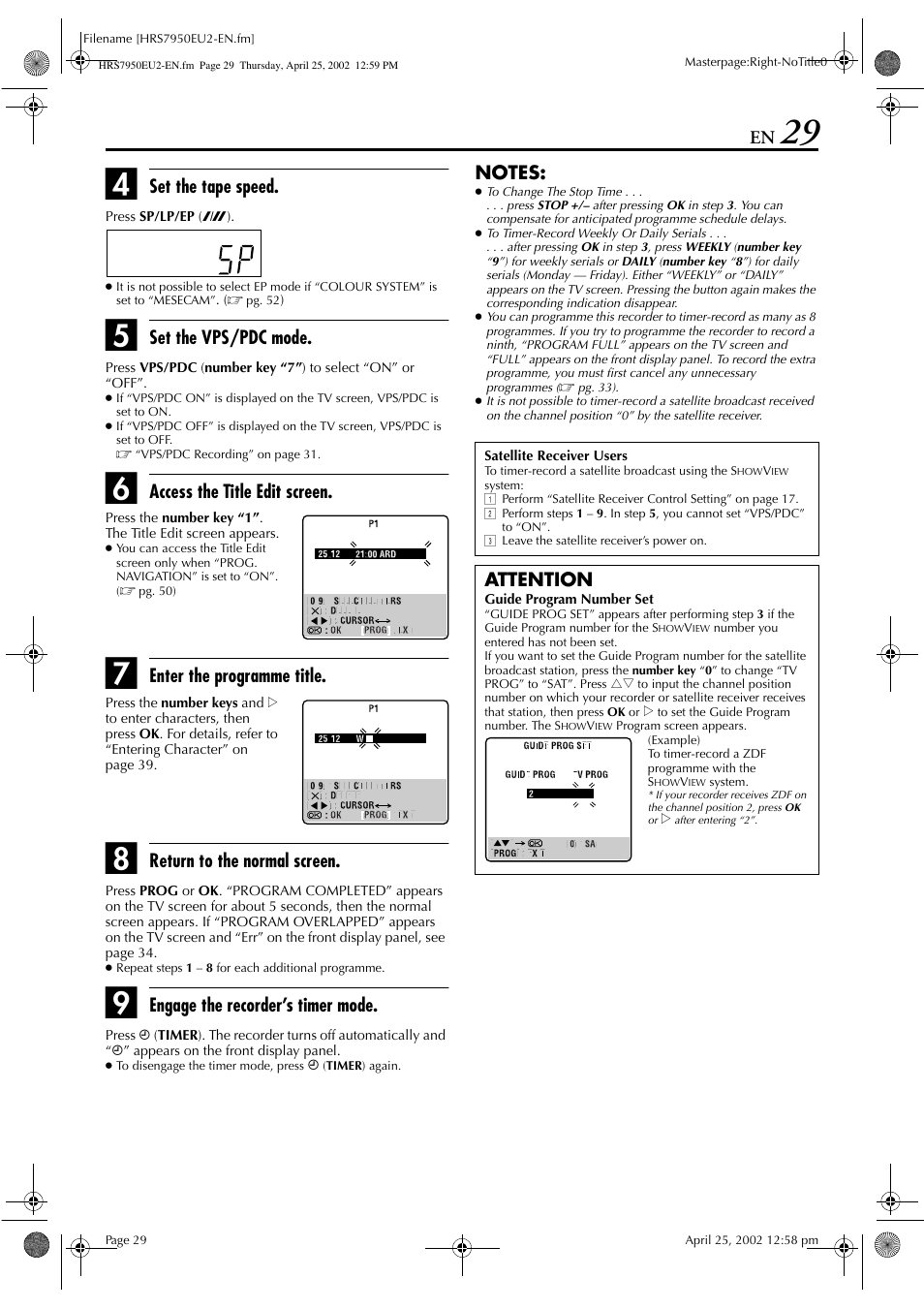 Set the tape speed, Set the vps/pdc mode, Access the title edit screen | Enter the programme title, Return to the normal screen, Engage the recorder’s timer mode, Attention | JVC HR - S7950EU User Manual | Page 29 / 72